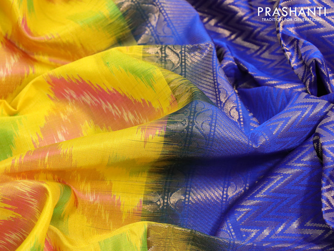 Ikat soft silk saree yellow and blue with allover ikat weaves and zari woven border