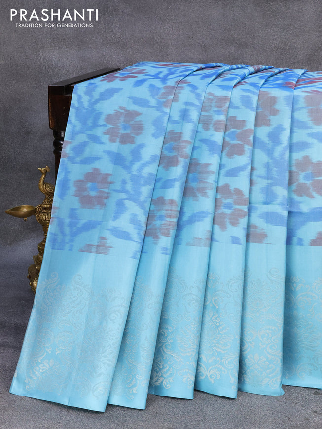 Ikat soft silk saree light blue with allover ikat weaves and silver zari woven border