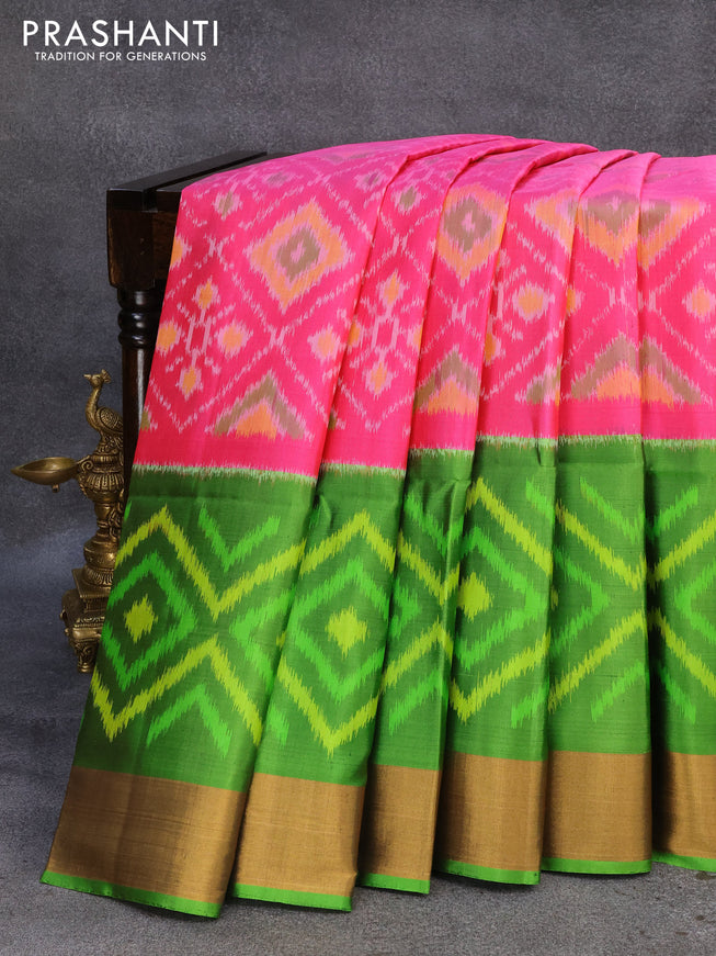 Ikat soft silk saree pink and green with allover ikat weaves and zari woven border