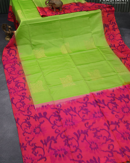 Ikat soft silk saree light green and dual shade of pinkish orange with zari woven buttas and ikat style border