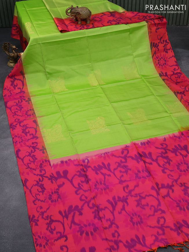 Ikat soft silk saree light green and dual shade of pinkish orange with zari woven buttas and ikat style border