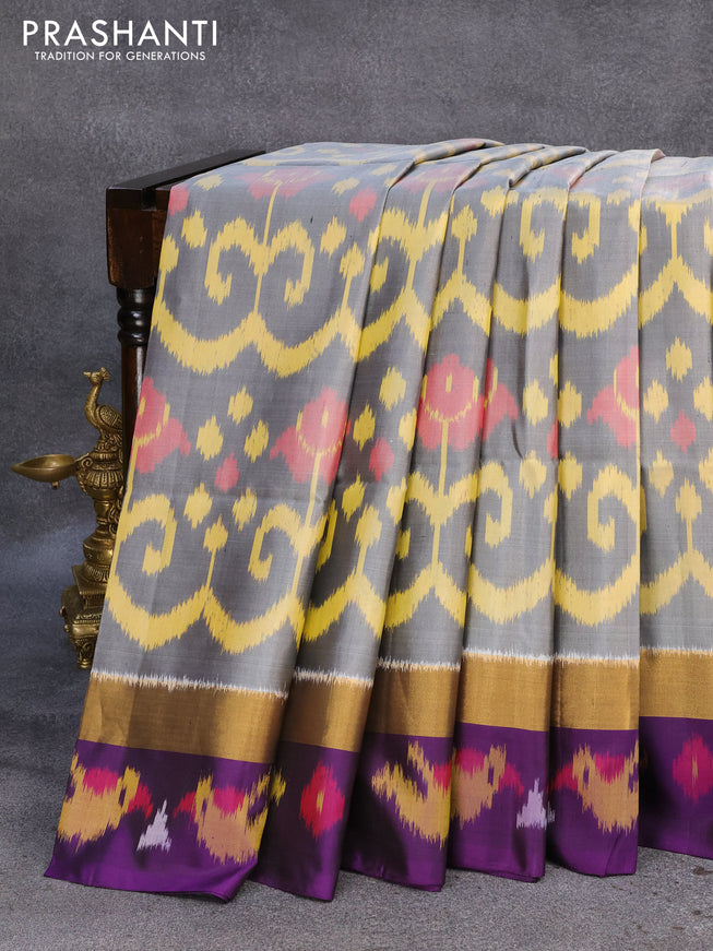 Ikat soft silk saree grey and deep violet with allover ikat weaves and zari woven simple border