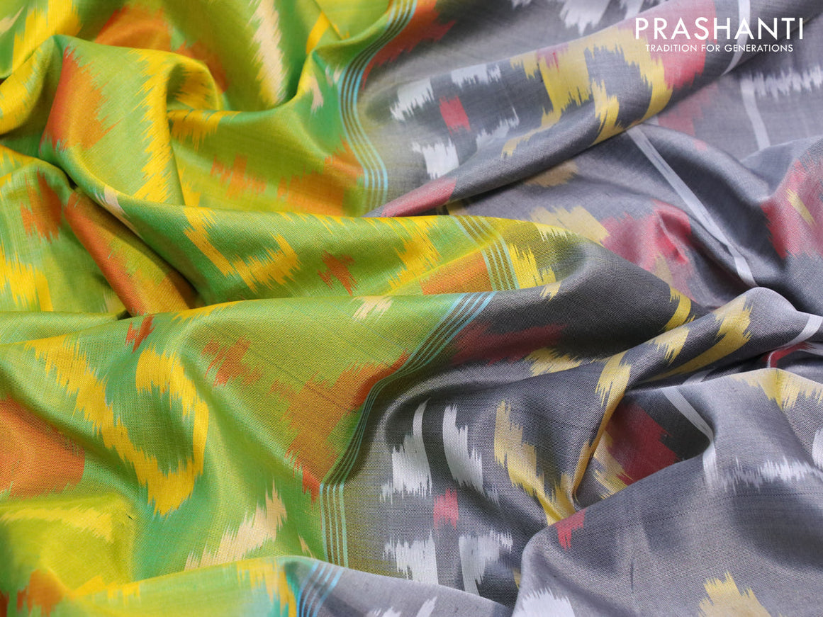 Ikat soft silk saree light green and grey with allover ikat weaves and zari woven simple border