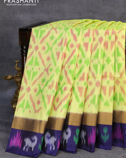 Ikat soft silk saree dual shade of pale yellow and blue with allover ikat weaves and zari woven simple border