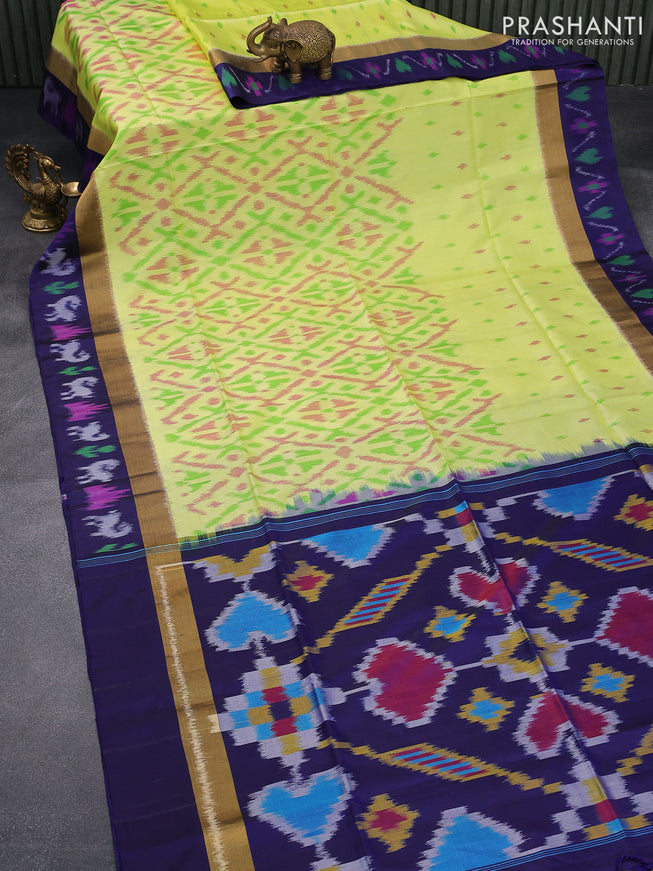 Ikat soft silk saree dual shade of pale yellow and blue with allover ikat weaves and zari woven simple border