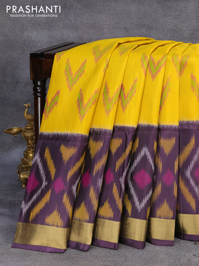 Ikat soft silk saree yellow and deep jamun shade with allover ikat weaves and zari woven border