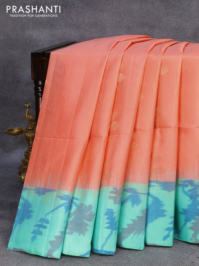 Ikat soft silk saree peach orange and teal blue with zari woven leaf buttas ad ikat style border