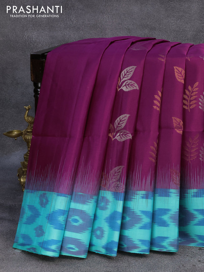 Ikat soft silk saree purple and teal blue with silver & copper zari woven leaf buttas ad ikat style border