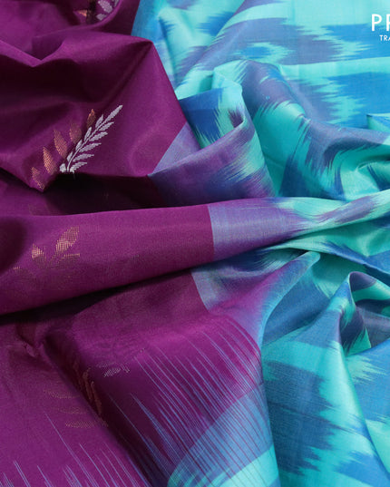 Ikat soft silk saree purple and teal blue with silver & copper zari woven leaf buttas ad ikat style border