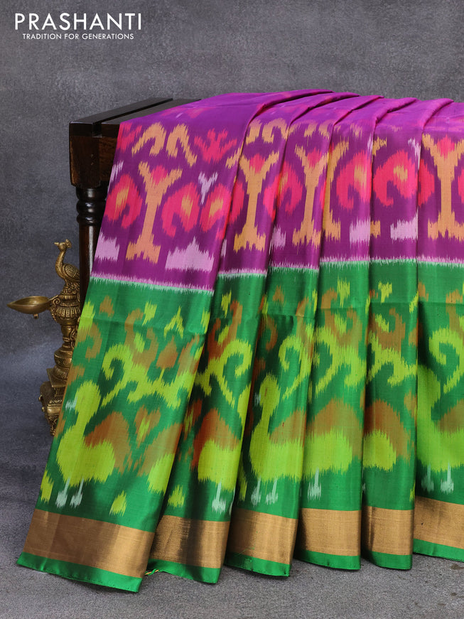 Ikat soft silk saree purple and green with allover ikat weaves and zari woven border