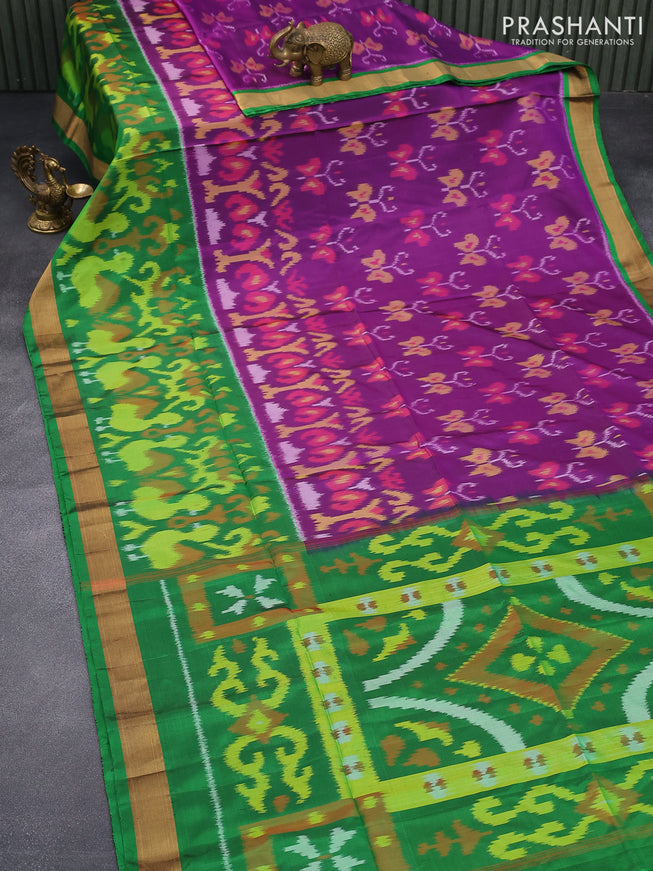 Ikat soft silk saree purple and green with allover ikat weaves and zari woven border