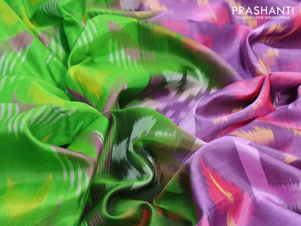 Ikat soft silk saree light green and mild purple shade with allover ikat weaves and ikat woven zari border