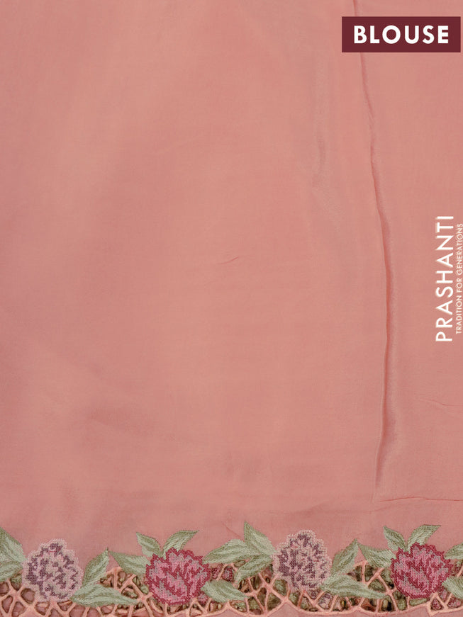 Pure organza silk saree peach orange with plain body and floral design embroidery cut work border