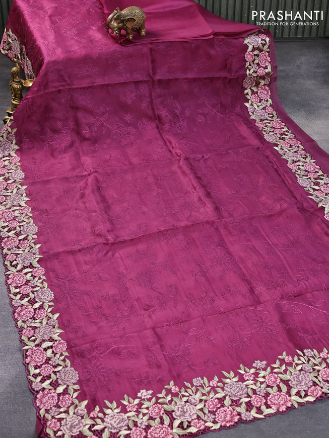 Pure organza silk saree dark magenta pink with allover floral dfesign embroidery work and floral design embroidery cut work border