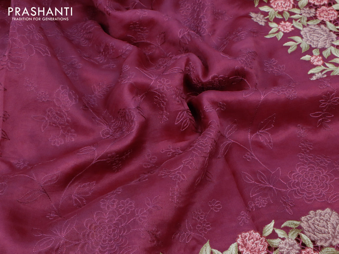Pure organza silk saree dark magenta pink with allover floral dfesign embroidery work and floral design embroidery cut work border