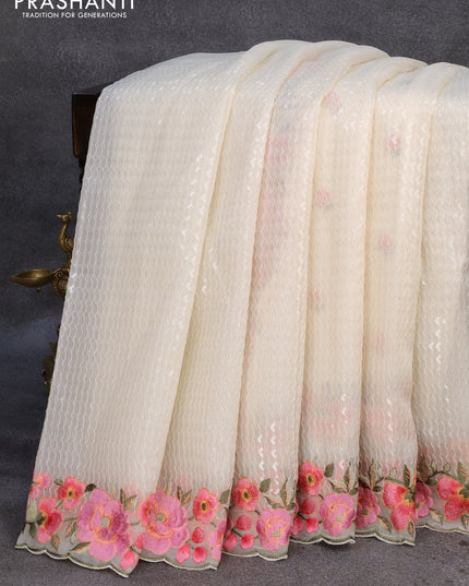Pure organza silk saree off white with allover embroidery sequin work and floral design embroidery work border