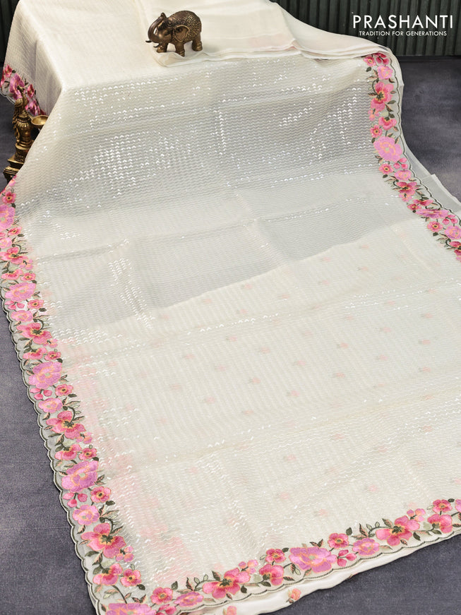 Pure organza silk saree off white with allover embroidery sequin work and floral design embroidery work border