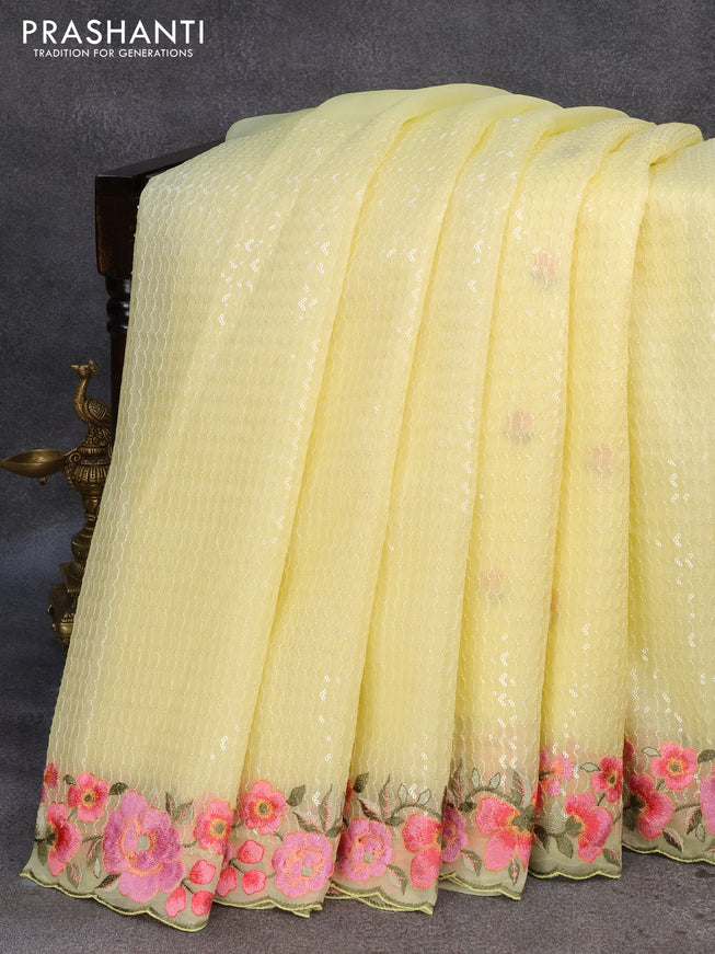 Pure organza silk saree lime yellow with allover embroidery sequin work and floral design embroidery work border