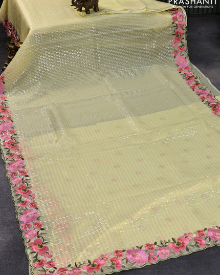 Pure organza silk saree lime yellow with allover embroidery sequin work and floral design embroidery work border