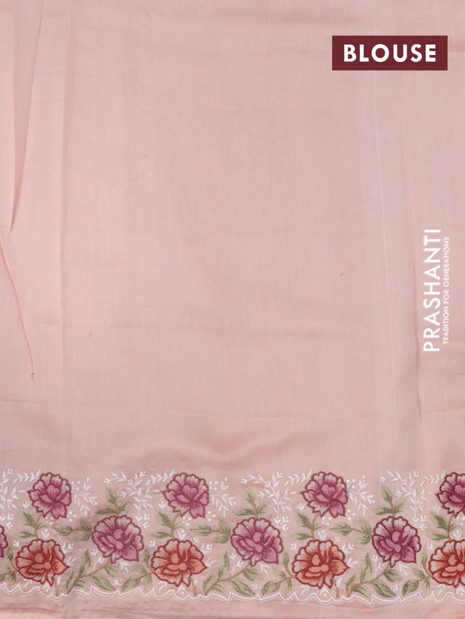 Pure organza silk saree peach shade with plain body and floral design embroidery work border