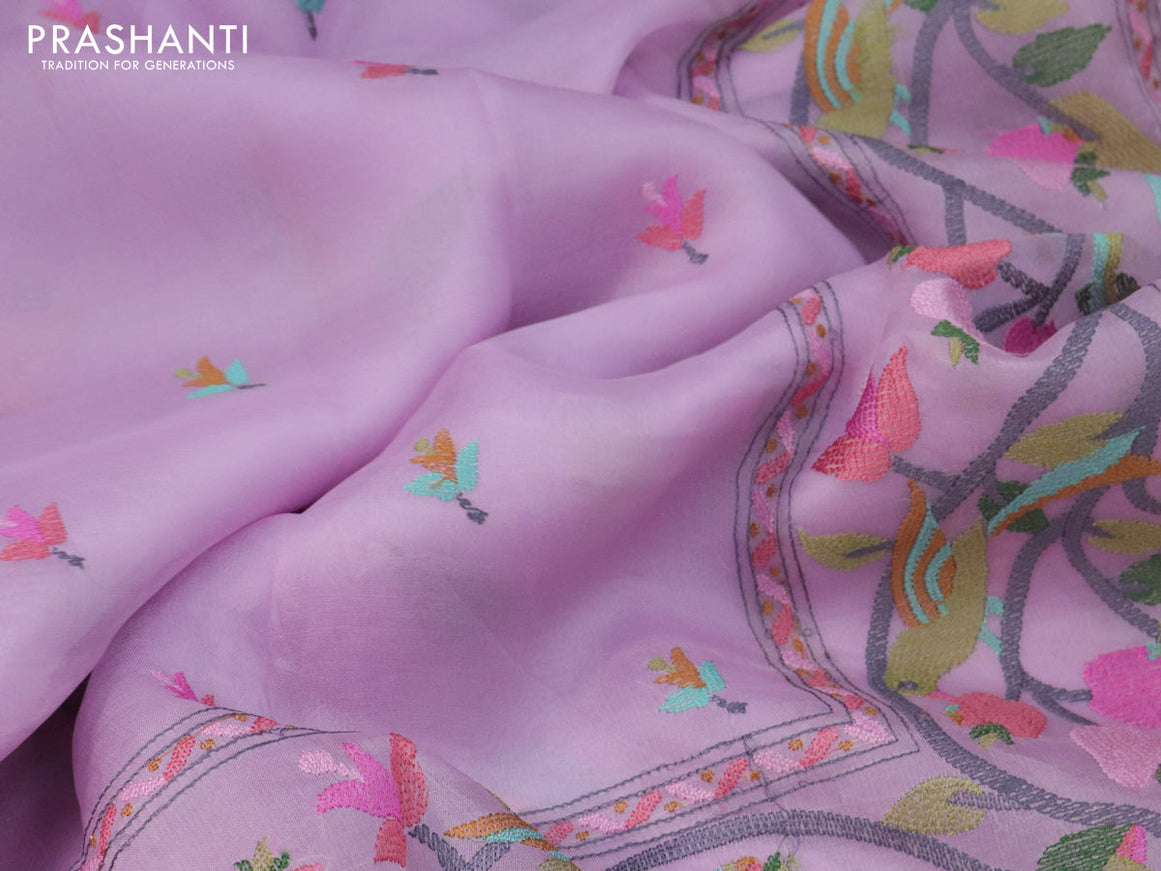 Pure organza silk saree lavender shade with allover embroidery work buttas and embroidery work border