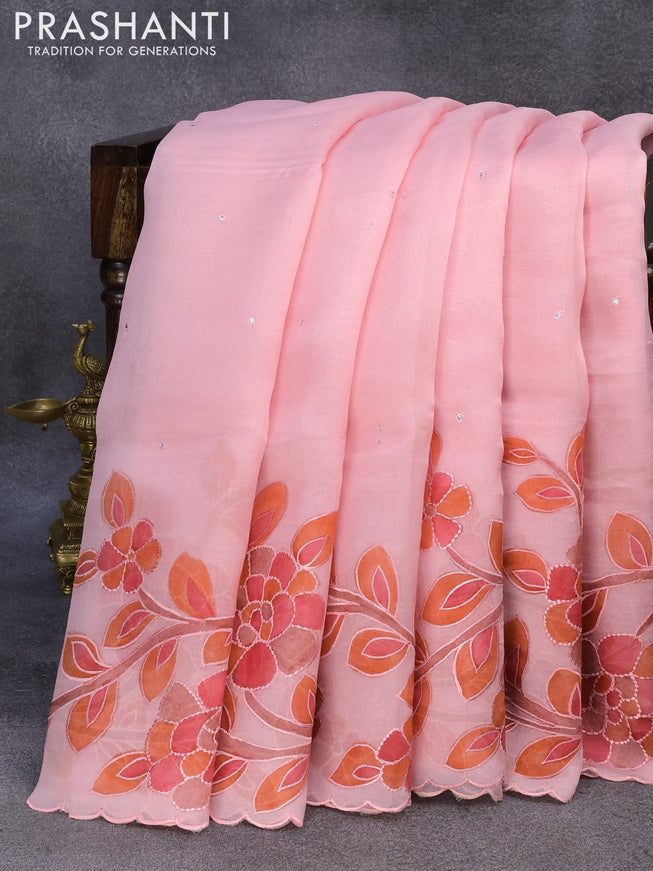 Pure organza silk saree light pink with allover mirror embroidery work and floral design embroidery work border