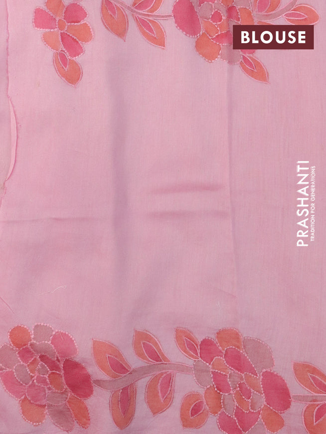 Pure organza silk saree light pink with allover mirror embroidery work and floral design embroidery work border