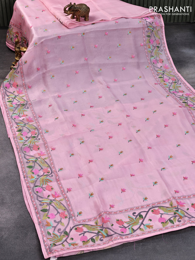 Pure organza silk saree light pink with floral embroidery work buttas and embroidery work border