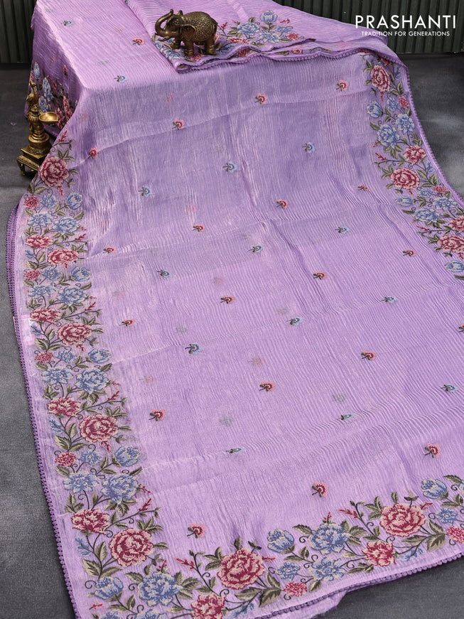 Pure organza silk saree lavender with floral embroidery work buttas and floral embroidery work border