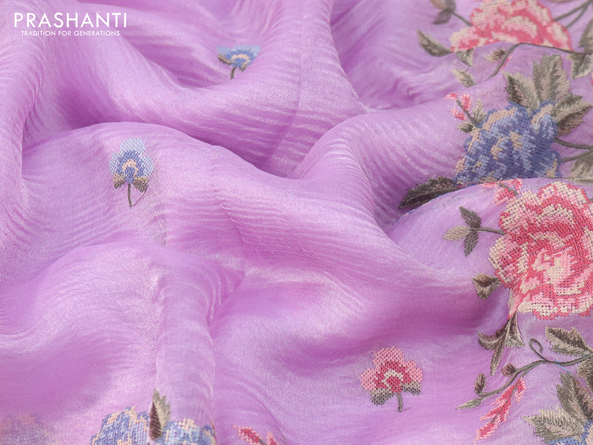 Pure organza silk saree lavender with floral embroidery work buttas and floral embroidery work border