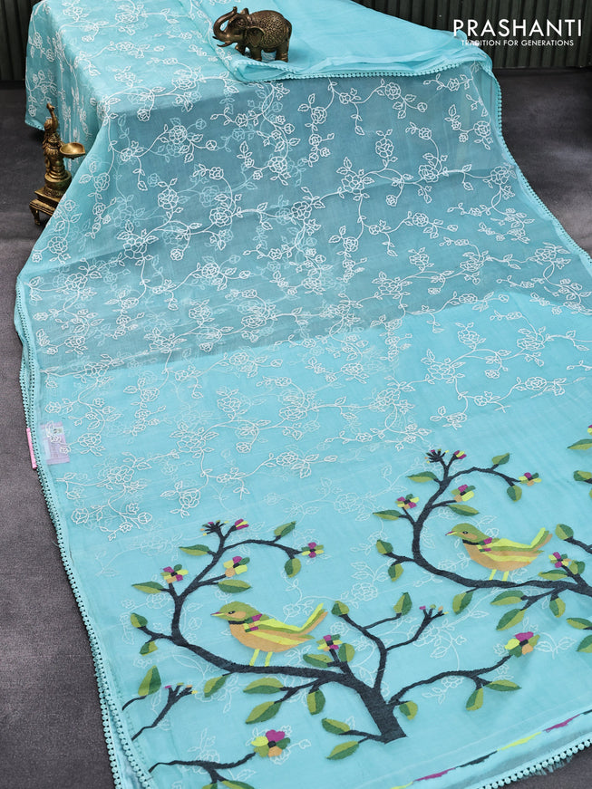 Pure organza silk saree light blue with allover embroidery work and lace work border