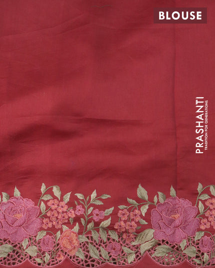 Pure organza silk saree brown shade with plain body and floral embroidery cut work border