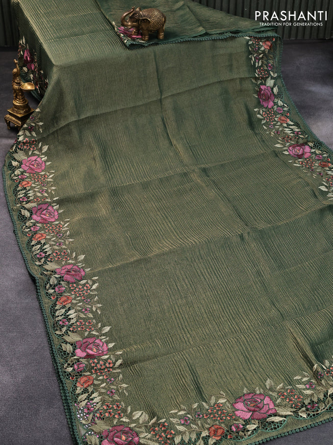 Pure organza silk saree dual shade of pastel green shade with plain body and floral embroidery cut work border