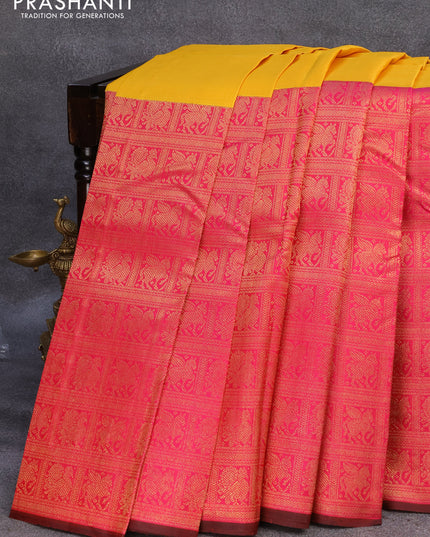 Pure kanjivaram silk saree yellow and pink with half & half style and long zari woven border