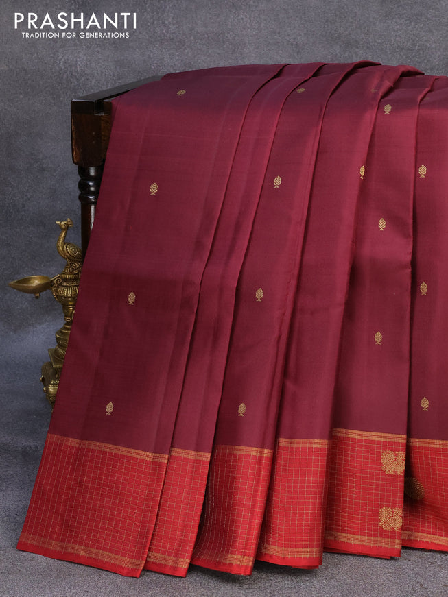 Pure kanjivaram silk saree deep maroon and maroon with allover zari woven buttas and zari checked butta border