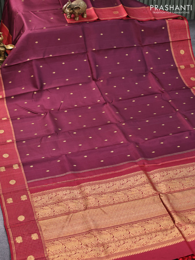 Pure kanjivaram silk saree deep maroon and maroon with allover zari woven buttas and zari checked butta border