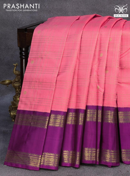 Pure kanjivaram silk saree pink and purple with allover zari checked pattern and rettapet zari woven border