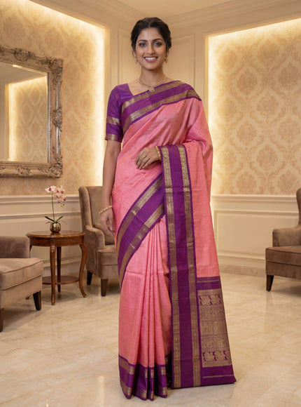 Pure kanjivaram silk saree pink and purple with allover zari checked pattern and rettapet zari woven border