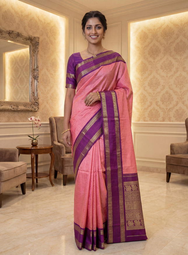 Pure kanjivaram silk saree pink and purple with allover zari checked pattern and rettapet zari woven border