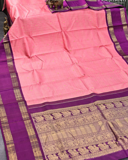Pure kanjivaram silk saree pink and purple with allover zari checked pattern and rettapet zari woven border