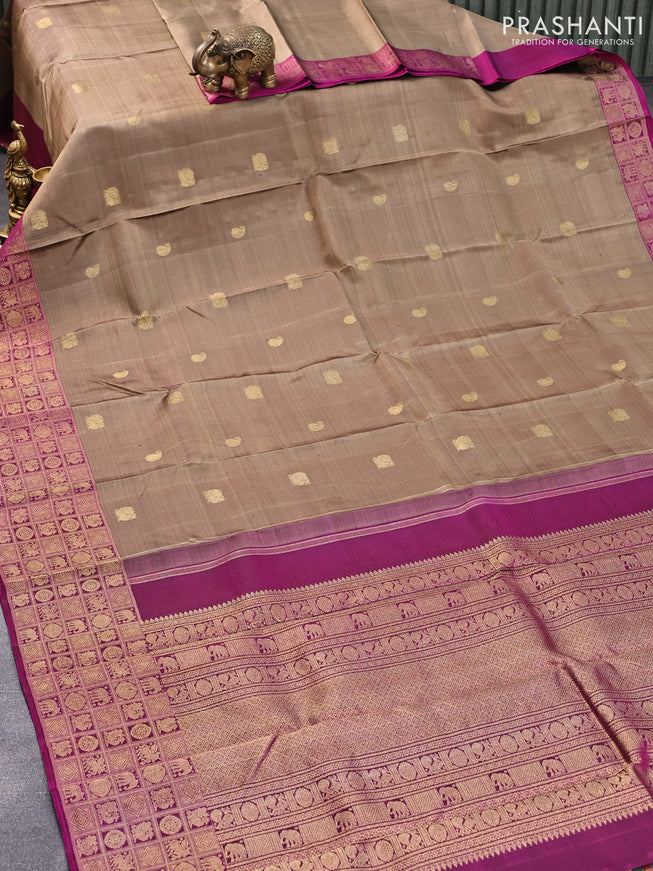Pure kanjivaram silk saree chikku shade and dark magenta pink with annam & paisley zari woven buttas and zari woven border