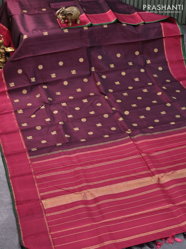Pure kanjivaram silk saree deep wine shade and maroon with annam & mayil chakram zari woven buttas and rettapet zari woven border