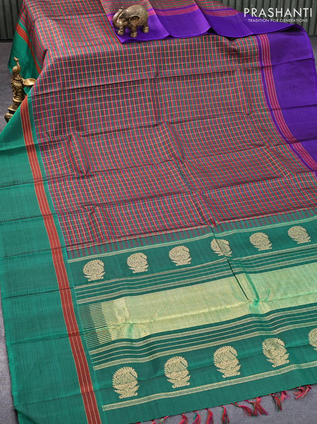 Pure kanjivaram silk saree multi colour with allover zari checked pattern and ganga jamuna border