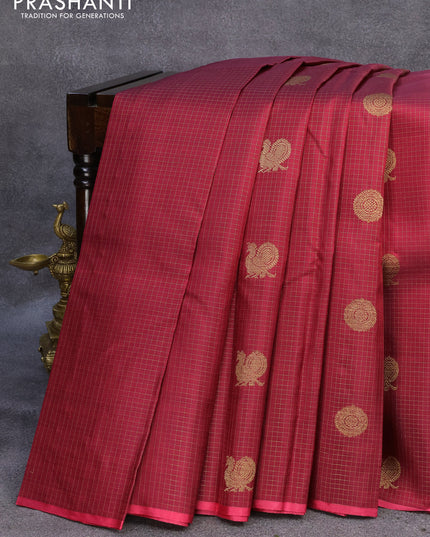 Pure kanjivaram silk saree maroon and pink with allover small zari checks annam & mayil chakram buttas and piping border