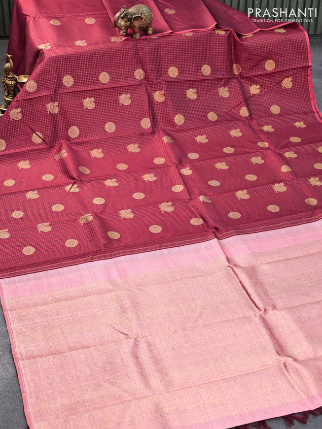 Pure kanjivaram silk saree maroon and pink with allover small zari checks annam & mayil chakram buttas and piping border