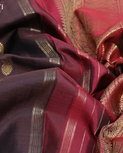 Pure kanjivaram silk saree deep coffee brown and maroon with zari woven paisley buttas and piping border