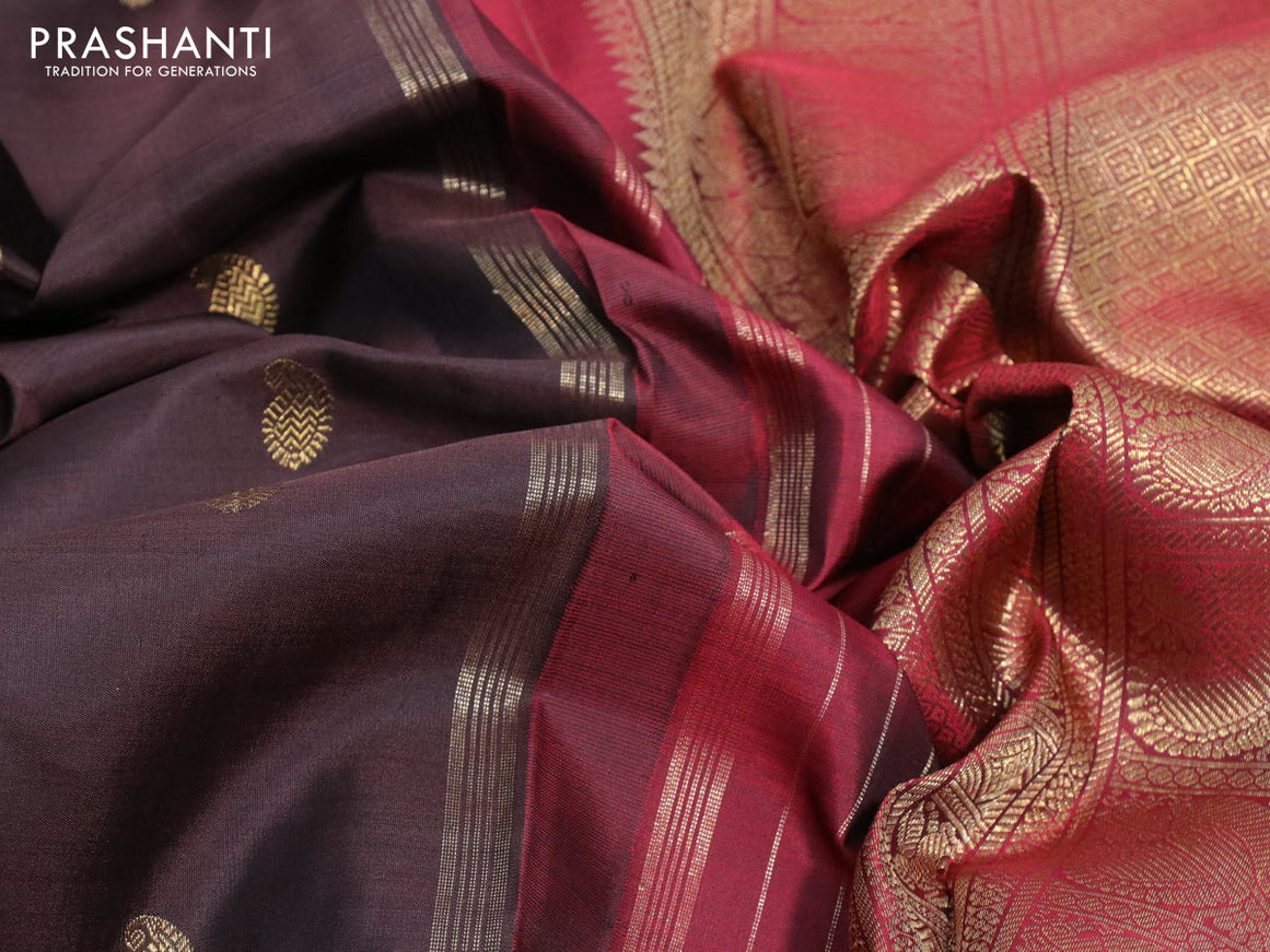 Pure kanjivaram silk saree deep coffee brown and maroon with zari woven paisley buttas and piping border