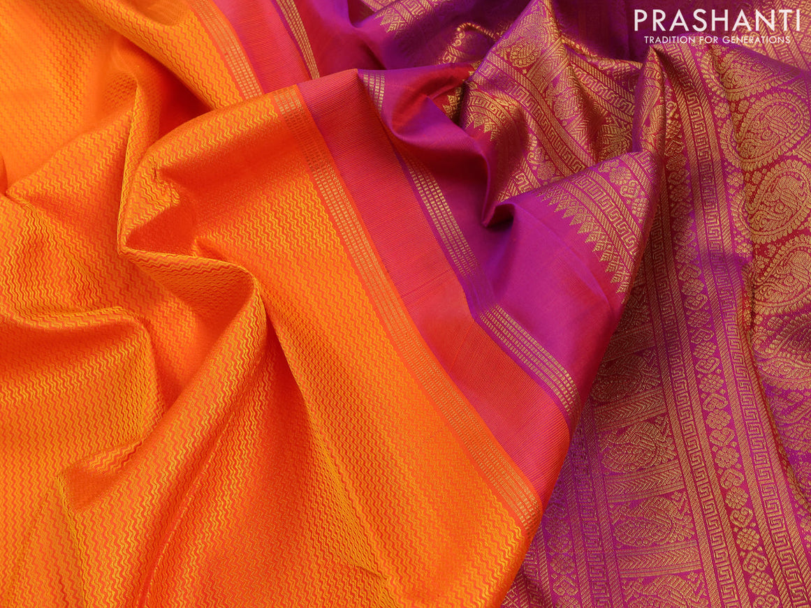 Pure kanjivaram silk saree orange and dual shade of purple with allover self emboss and zari woven border