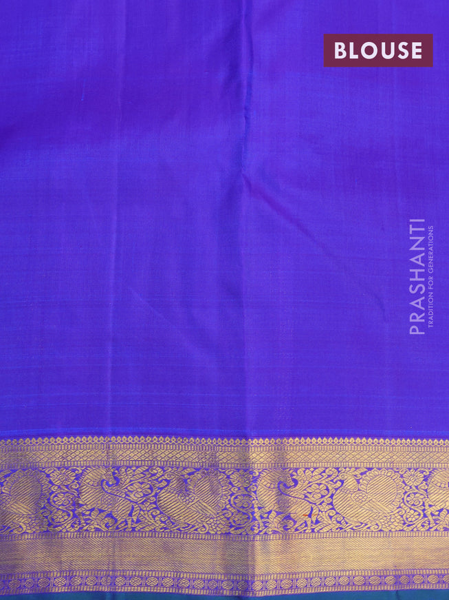 Pure kanjivaram silk saree blue and green with allover zari woven buttas and annam zari woven border