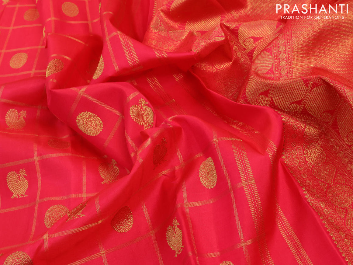 Pure kanjivaram silk saree dual shade of pink and green with allover zari checks annam & rudhraksha zari woven buttas and annam & elephant design zari woven border